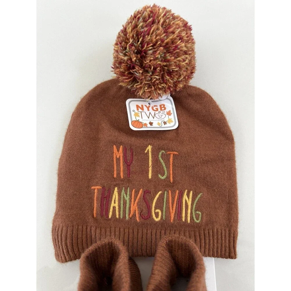 NYGB Baby Boy Girl Hat Sock 2 Pcs Set MY 1st THANKSGIVING 6-12 Month Outfit Gift